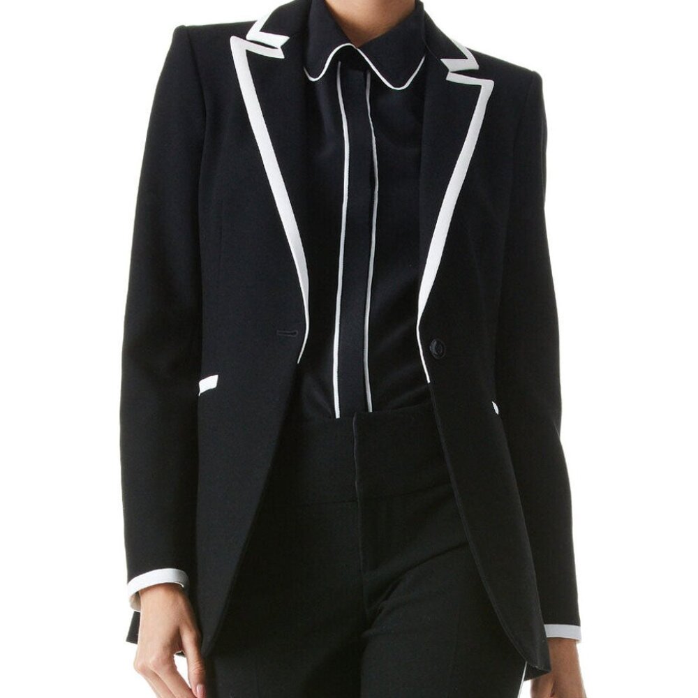 Alice + Olivia Breann Black Off White Piped Long Blazer Jacket Women's Size 2